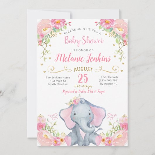 Invitation de baby shower d'éléphant de fille (Devant)