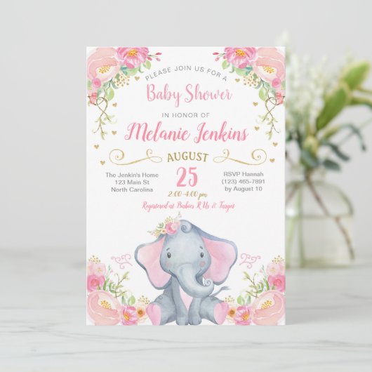 Invitation de baby shower d'éléphant de fille (Debout devant)
