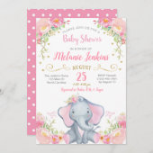 Invitation de baby shower d'éléphant de fille (Devant / Derrière)