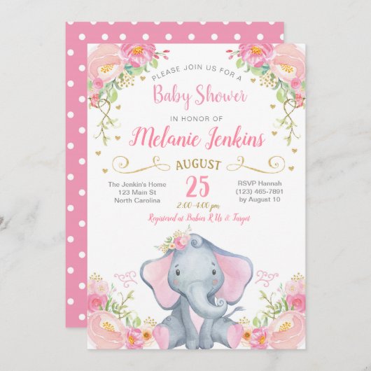 Invitation de baby shower d'éléphant de fille (Devant / Derrière)