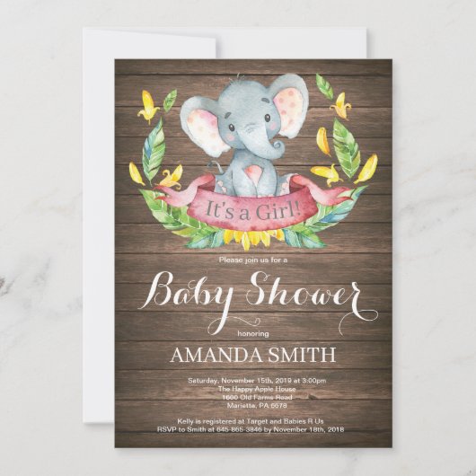 Invitation de Baby shower d'éléphant de fille rust (Devant)