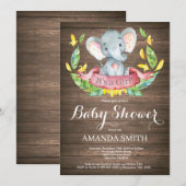Invitation de Baby shower d'éléphant de fille rust (Devant / Derrière)