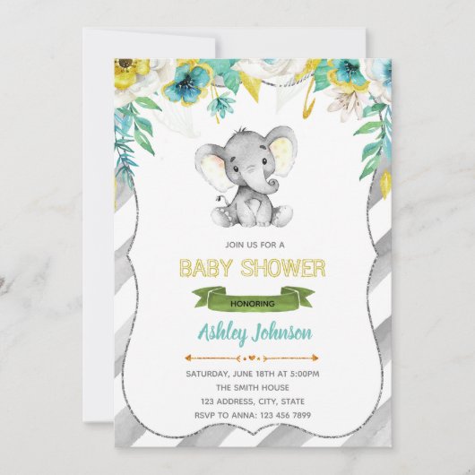 Invitation de baby shower d'éléphant de garçon (Devant)