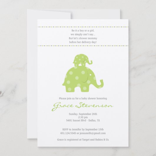 Invitation de baby shower d'éléphant de maman et (Devant)