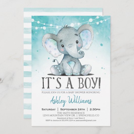 Invitation de Baby shower d'éléphant garçon (Devant / Derrière)
