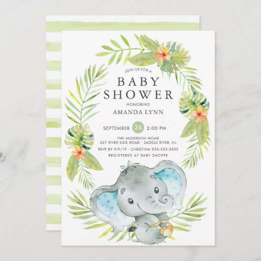 Invitation de Baby shower d'éléphant garçon (Devant / Derrière)