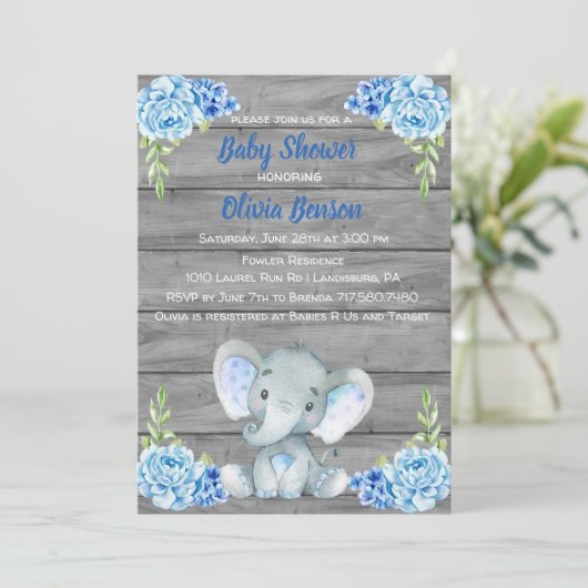 Invitation de Baby shower d'éléphant garçon (Debout devant)