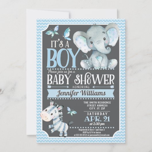 Invitation de Baby shower d'éléphant garçon (Devant)