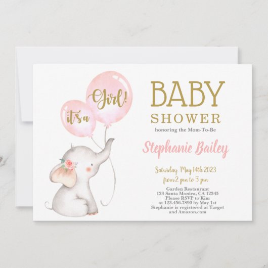 Invitation de Baby shower d'éléphant rose (Devant)
