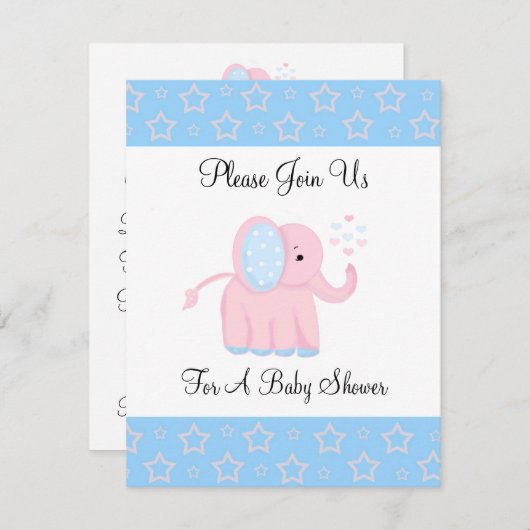 Invitation de Baby shower d'éléphant rose doux (Devant / Derrière)