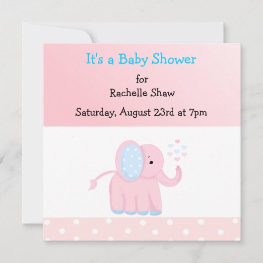 Invitation de Baby shower d'éléphant rose doux (Devant)