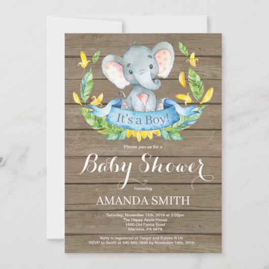 Invitation de Baby shower d'éléphant rustique (Devant)