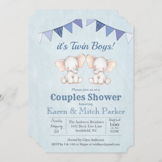 Invitation de Baby shower d'éléphant TWIN (Devant / Derrière)