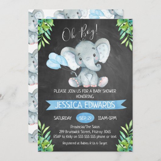 Invitation de Baby shower d'éléphants de Chalkboar (Devant / Derrière)