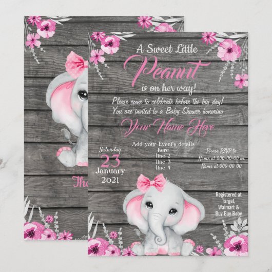 Invitation de Baby shower d'éléphants de filles, r (Devant / Derrière)
