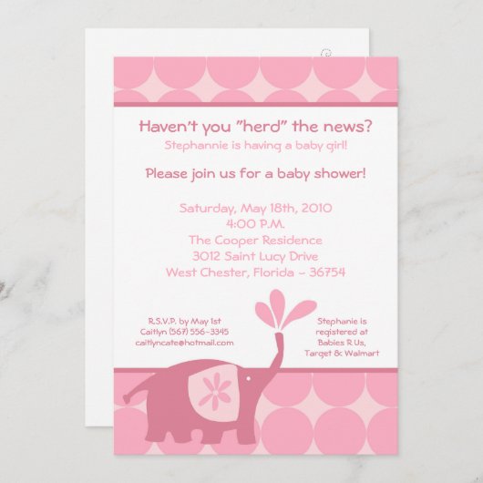 Invitation de Baby shower d'éléphants roses 5 x 7 (Devant / Derrière)