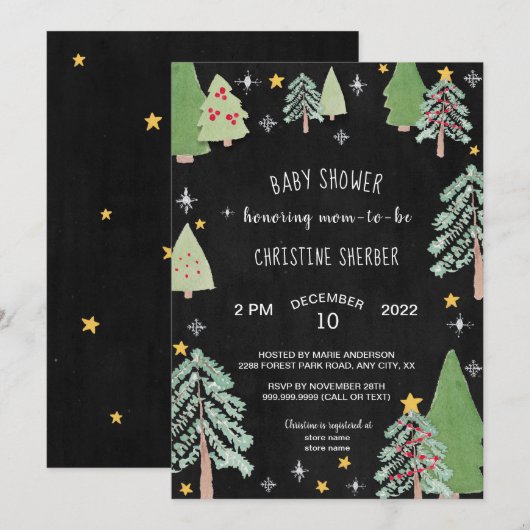 Invitation de baby shower d'hiver de ferme d'arbre (Devant / Derrière)