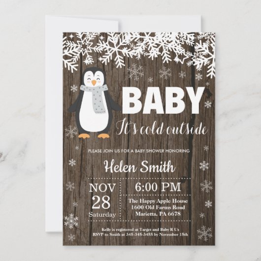 Invitation de Baby shower d'hiver de Pingouin rust (Devant)