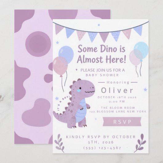 Invitation de Baby Shower Dino Violet (Devant / Derrière)
