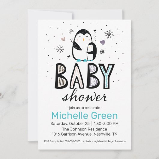 Invitation de Baby shower Doodin Winter Penguin (Devant)