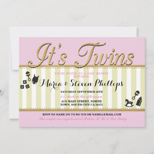 Invitation de Baby shower d'or des filles roses Tw (Devant)