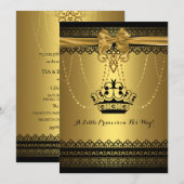 Invitation de Baby shower d'or et de couronne noir (Devant / Derrière)