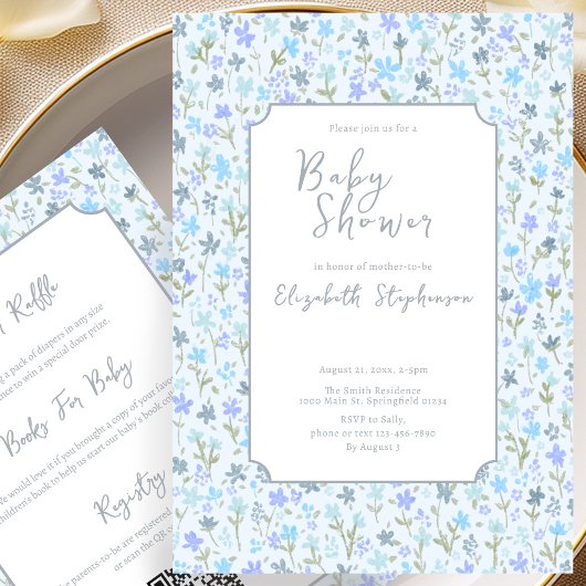 Invitation de baby shower Double Face Fleurs Bleue