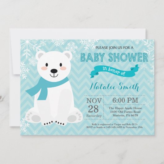 Invitation de baby shower d'ours blanc d'Aqua (Devant)