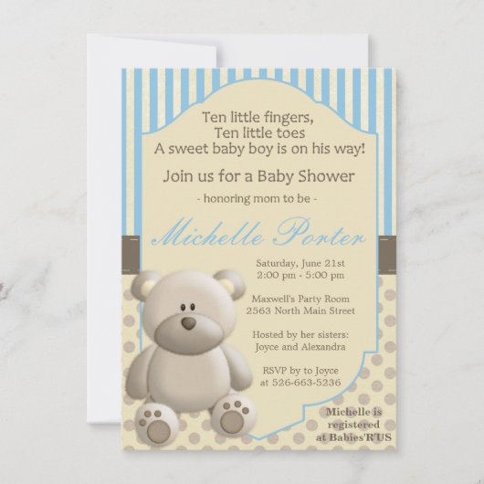 Invitation de baby shower d'ours de nounours pour (Devant)