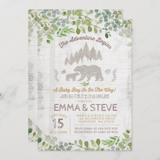 Invitation de Baby shower d'ours L'aventure commen (Devant / Derrière)