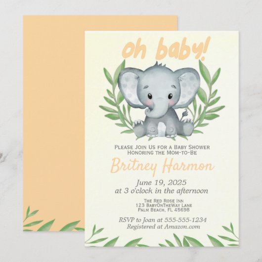 Invitation de Baby Shower Éléphant à la Végétation (Devant / Derrière)