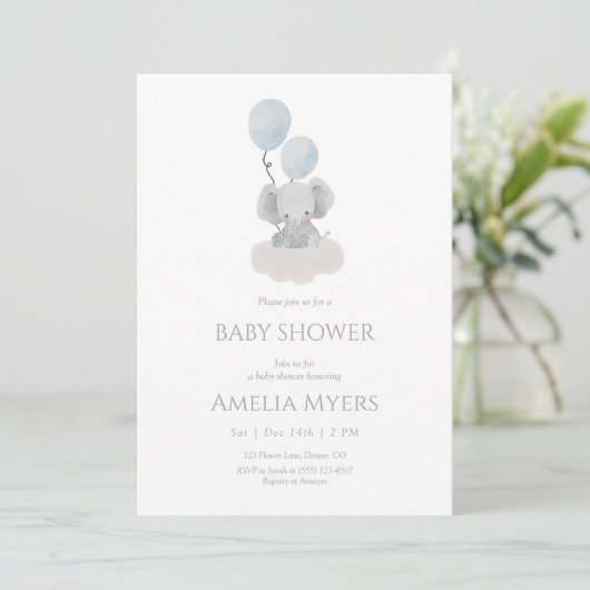 Invitation de Baby Shower Éléphant Bleu sur un Nua (Debout devant)