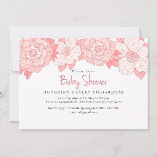 Invitation de Baby shower en fleurs de corail (Devant)