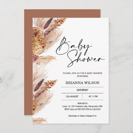 Invitation de Baby shower en laiton Boho Pampas (Devant / Derrière)