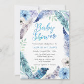 Invitation de Baby shower en plumes bleues Boho (Devant)