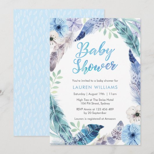 Invitation de Baby shower en plumes bleues Boho (Devant / Derrière)