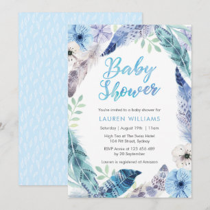 Invitation de Baby shower en plumes bleues Boho