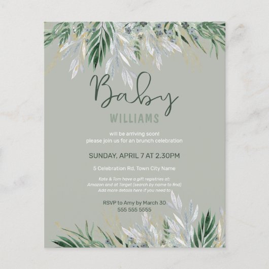 Invitation de Baby shower Feuille du budget Sage G (Devant)