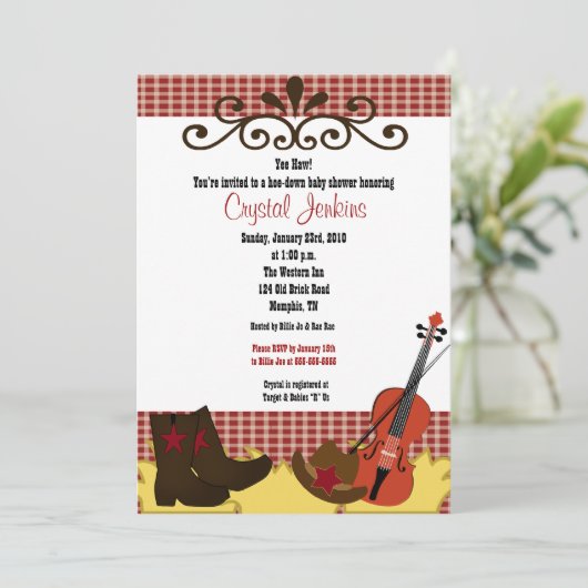 Invitation de Baby shower Fiddle, Casquette & Boot (Debout devant)