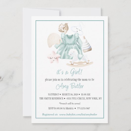 Invitation de baby shower fille à l'aquarelle vert (Devant)