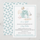 Invitation de baby shower fille à l'aquarelle vert (Devant / Derrière)