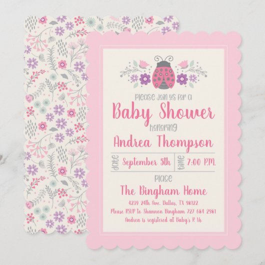 Invitation de Baby shower fille de coccinelle rose (Devant / Derrière)