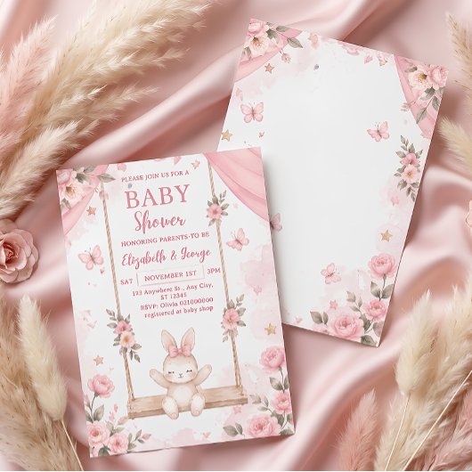 Invitation de Baby Shower Fille Lapin Boho Rose