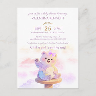Invitation de baby shower fille ourson aquarelle