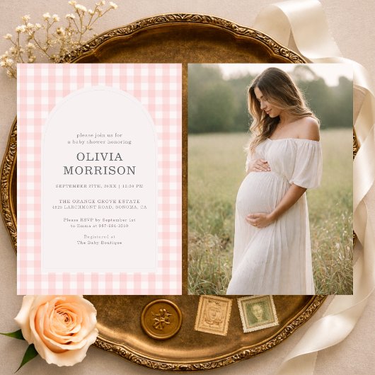 Invitation de Baby Shower Fille Rose Gingham avec 