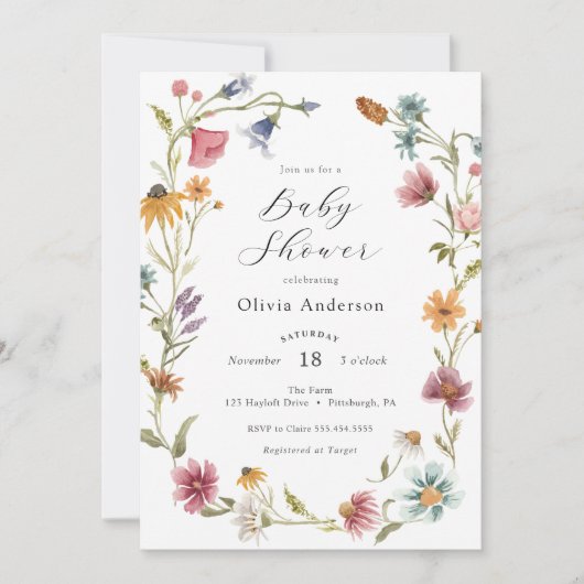 Invitation de Baby shower Fleur sauvage féminine c (Devant)