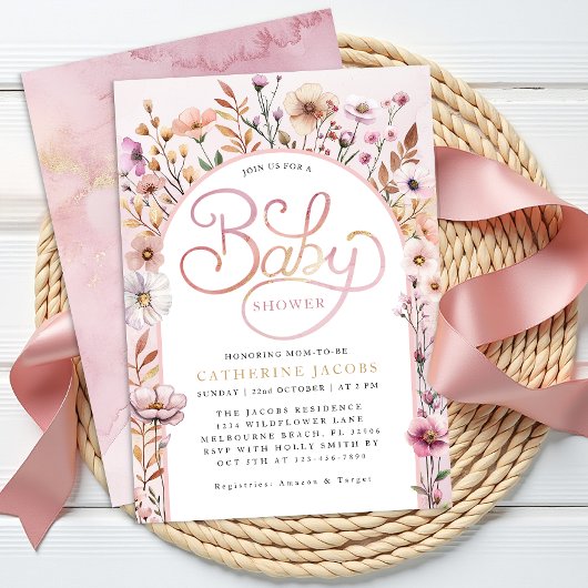 Invitation de Baby shower Fleur sauvage rose Dusty