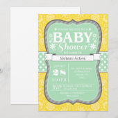 Invitation de Baby Shower Fleurie Jaune Menthe Gri (Devant / Derrière)
