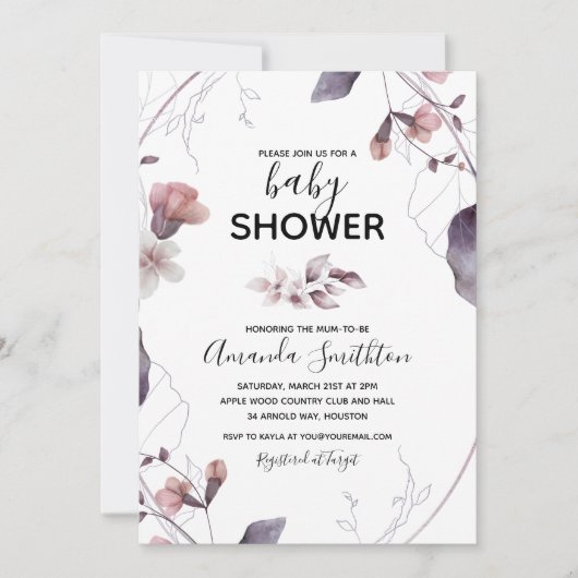 Invitation de Baby Shower Fleurs Aquarelle Violett (Devant)