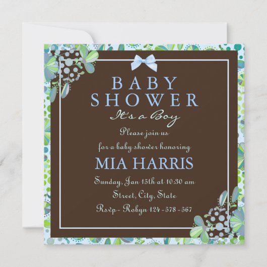 Invitation de Baby shower Floral bleu et vert (Devant)